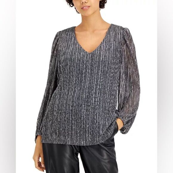 Nine West Metallic-Threaded Blouson-Sleeve Top Size Medium - Picture 1 of 11